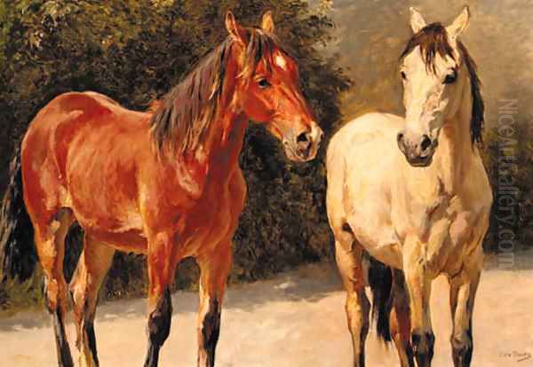 A grey and a chestnut pony in a landscape Oil Painting by Otto Bache