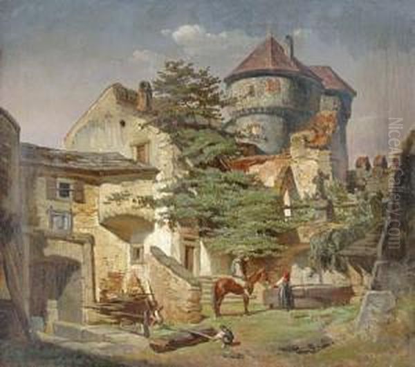 Castle Court-yard In Slovakia. Oil Painting by Franz Bohumir Zverina