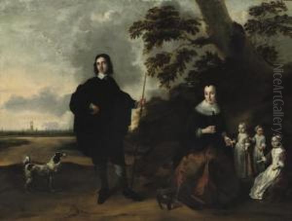 A Group Portrait Of The Van Kuyl Family With Utrecht In The Background Oil Painting by Bernardus Swaerdecroon