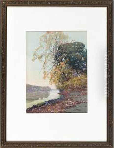 River Bank With Autumnal Trees Oil Painting by John Zwara