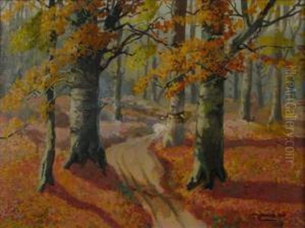 Autumn Interior Woodland Scene, 
Stain In Center Of Image Oil Painting by John Zwara