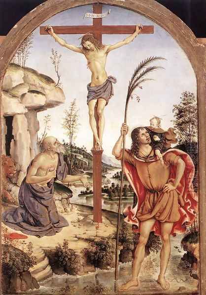 The Crucifixion with Sts Jerome and Christopher c. 1471 Oil Painting by Bernardino di Betto (Pinturicchio)