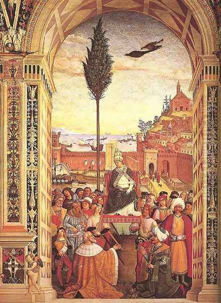 Aeneas Piccolomini Arrives to Ancona 1502-08 Oil Painting by Bernardino di Betto (Pinturicchio)