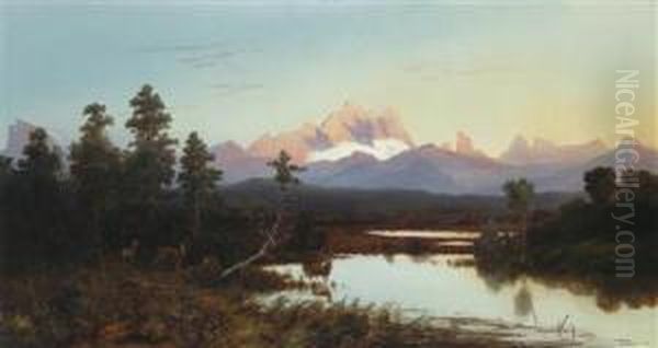 Dachauer Moos At Dusk Oil Painting by Anton Zwengauer