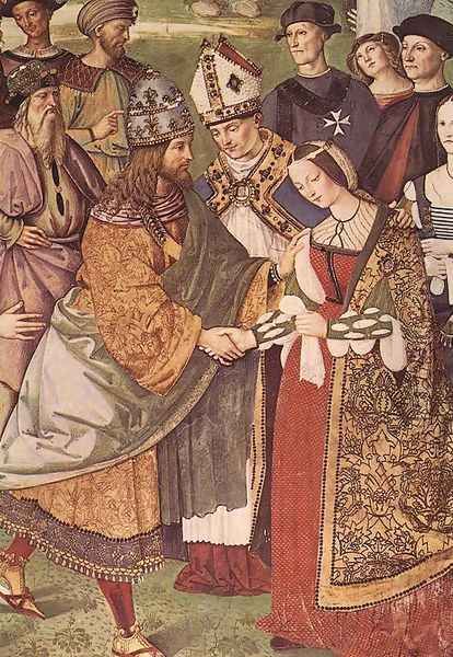 Aeneas Piccolomini Introduces Eleonora of Portugal to Frederick III (detail) 1502-08 Oil Painting by Bernardino di Betto (Pinturicchio)