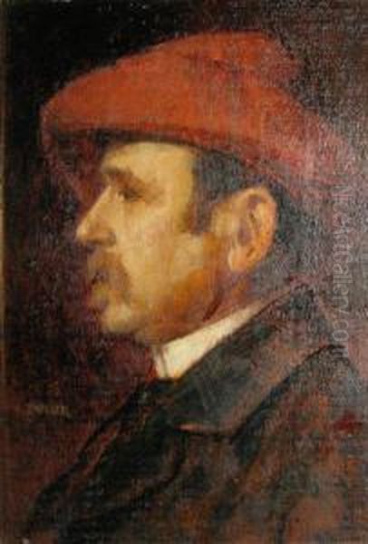 Profil D'homme Au Chapeau Rouge Oil Painting by Augustin Zwiller