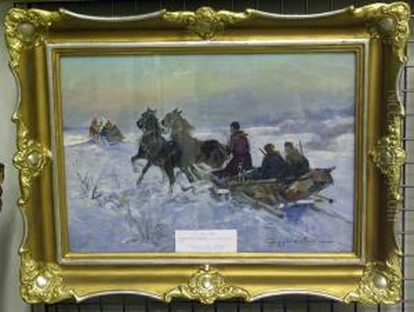 Jaktsallskap Pa Sladfard. Oil Painting by F. Zygmuntowicz