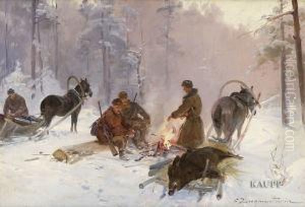 In Verschneiter Waldlichtung Biwakierende Jager, Sich An Einem Offenen Feuer Warmend Oil Painting by F. Zygmuntowicz