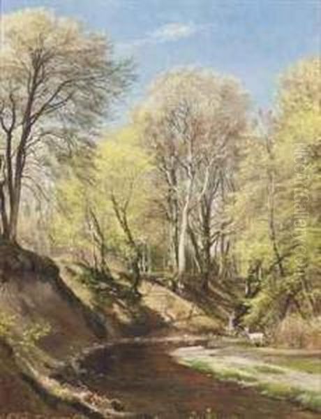 Deer At The Bend Of The River Oil Painting by Carl Frederick Aagaard