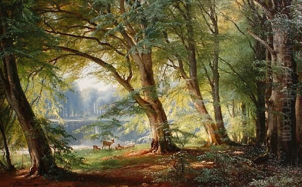 Deer Beside A Lake Oil Painting by Carl Frederick Aagaard