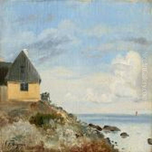 Coastal Scene With Ahouse At A Rocky Coast Oil Painting by Carl Frederick Aagaard