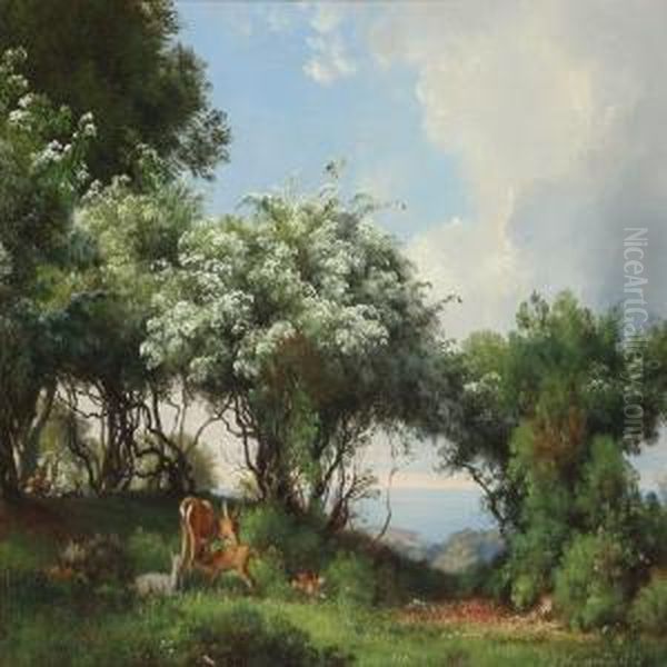 Summer Landscape Withdeer Oil Painting by Carl Frederick Aagaard