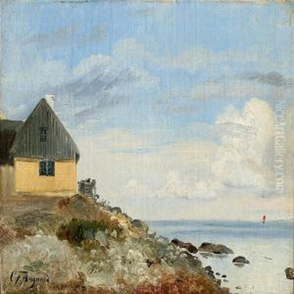 Coastal Scene With A House At A Rocky Coast Oil Painting by Carl Frederick Aagaard