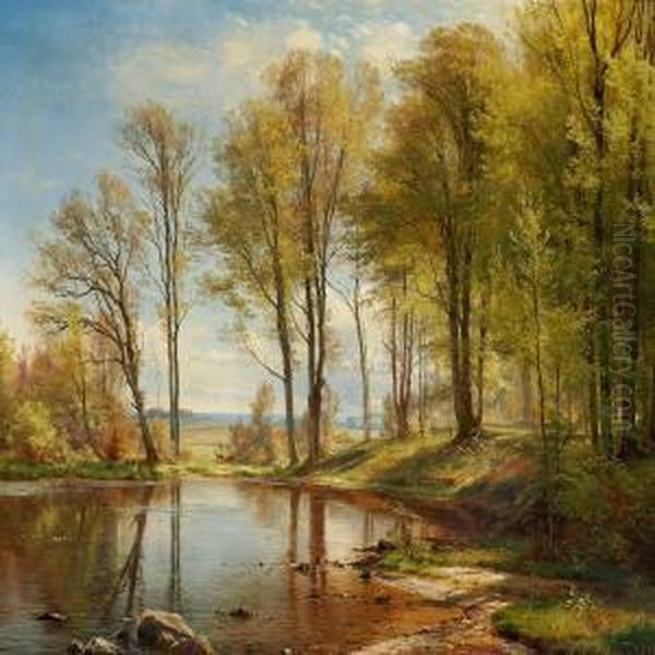 Tall Trees At A Lake In The Woods, With A View To The Sea Oil Painting by Carl Frederick Aagaard