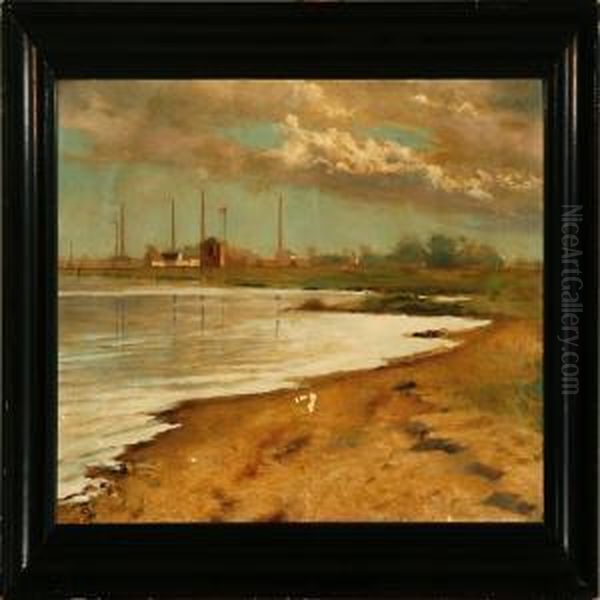 Danish Coastal Scene With A View Towards A Factory Oil Painting by Carl Frederick Aagaard