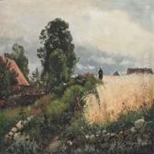 A Summer Landscape With A Farmer In The Field Oil Painting by Carl Frederick Aagaard