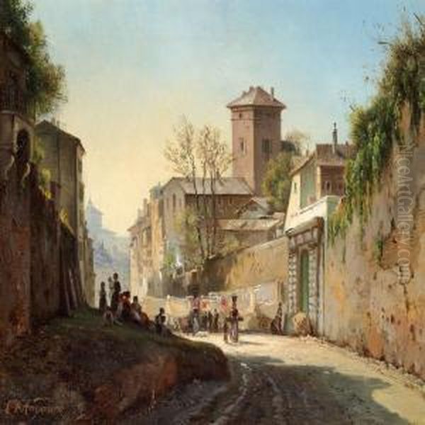 Roman Street Scene Oil Painting by Carl Frederick Aagaard