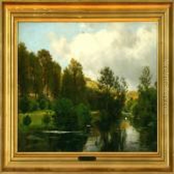 Afternoon Atmosphere At A Forest Lake. Signed And Dated C. F. Aagaard 1864 Oil Painting by Carl Frederick Aagaard