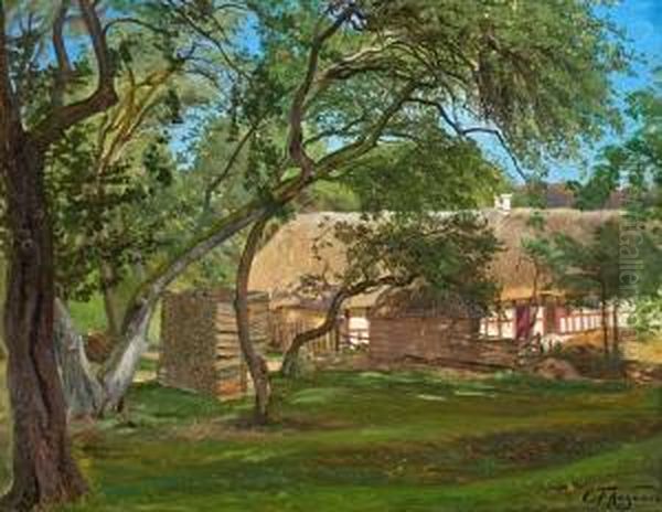 A Sunny Farm Exterior. Signed C.f. Aagaard Oil Painting by Carl Frederick Aagaard