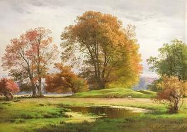 Fall In The Dyrehaven With The White Deer Oil Painting by Carl Frederick Aagaard