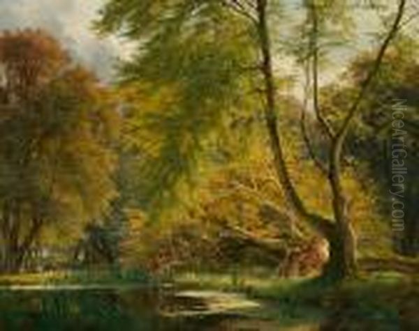 C. F. Aagaard: A Forest Scenery With Deer Oil Painting by Carl Frederick Aagaard