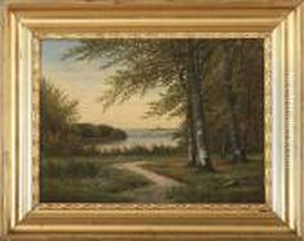 A Lake Side View. Signed C.f. Aagaard. Indistinctly Dated Oil Painting by Carl Frederick Aagaard