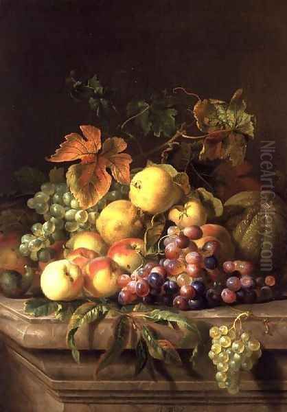 A Still Life of Melons, Grapes and Peaches on a Ledge Oil Painting by Jakab Bogdany