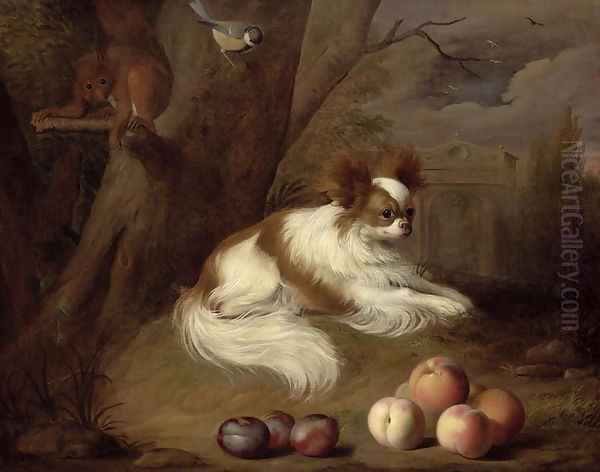 A Spaniel by a Tree with a Squirrel and a Blue-tit Oil Painting by Jakab Bogdany