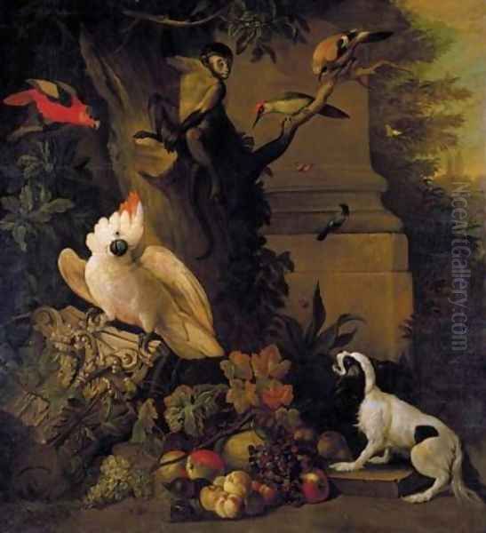 Still life with parrots, a jay, a woodpecker and a finch, together with a spaniel and various fruits in a parkland setting Oil Painting by Jakab Bogdany