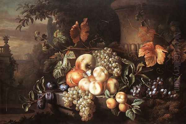 Fruit-piece with Stone Vase (Gyumolcscsendelet kovazaval) Oil Painting by Jakab Bogdany