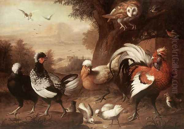 Fowls and Owl, (Baromfiak és bagoly) Oil Painting by Jakab Bogdany