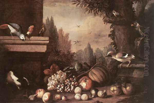 Fruit with Birds and Guinea-pig Oil Painting by Jakab Bogdany