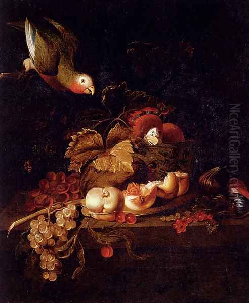 Still Life Of Grapes, A Halved Peach And Cherries Resting On A Table With A Parrot Oil Painting by Jakab Bogdany