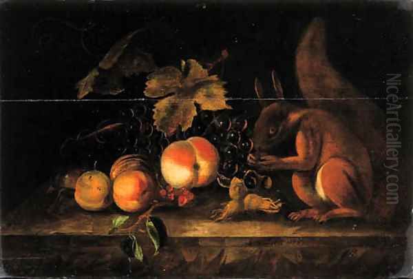 Grapes, peaches, red currants and hazelnuts with a squirrel on a ledge Oil Painting by Jakab Bogdany