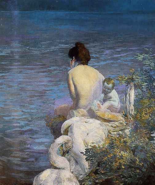 Bather with Child and Swan by the Sea Oil Painting by Paul Albert Besnard