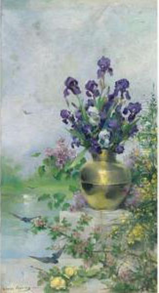 A Vase Of Irises On The Terrace Oil Painting by Louise Abbema