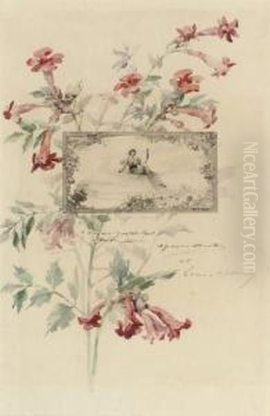 A Composition Of Flowers Surrounding An Engraving Oil Painting by Louise Abbema