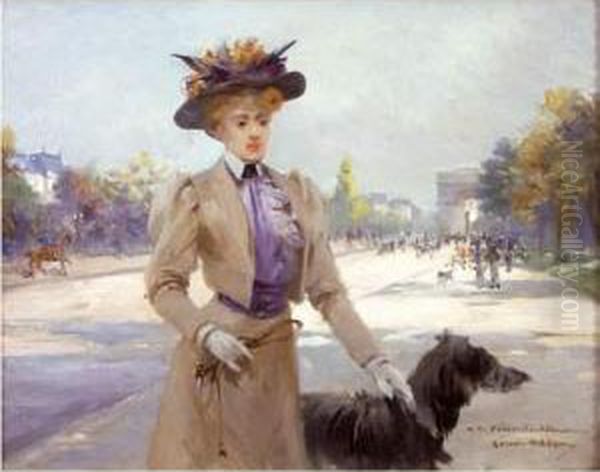 Elegante Et Son Chien, Avenue Du Bois Oil Painting by Louise Abbema