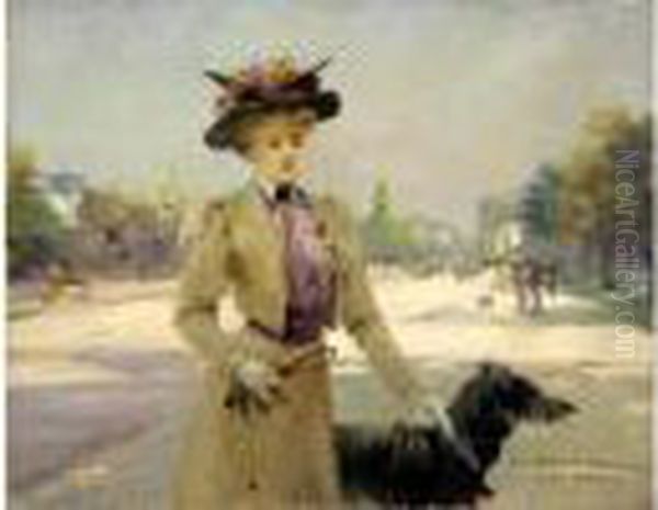 Elegante Et Son Chien, Avenue Du Bois. Oil Painting by Louise Abbema