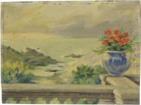 Vase De Geraniums Sur Une Balustrade A Belle-ile En Mer Oil Painting by Louise Abbema