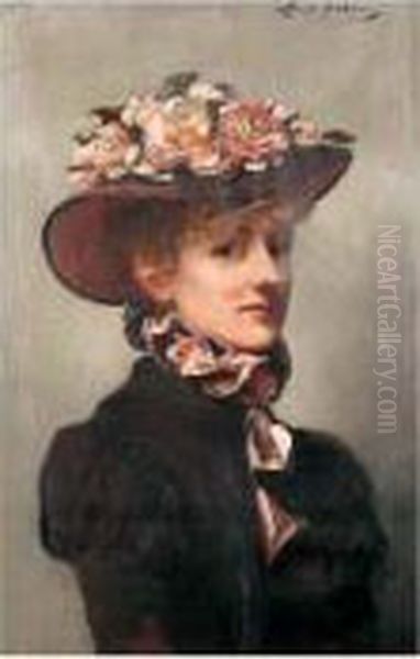 Portrait De Jeune Femme Au Chapeau Fleuri Oil Painting by Louise Abbema