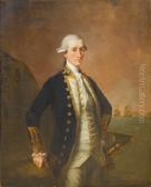 Portrait Of Captain Sir George 
Montagu, Standing, Three-quarter-length, With Shipping Beyond Oil Painting by Lemuel Francis Abbott