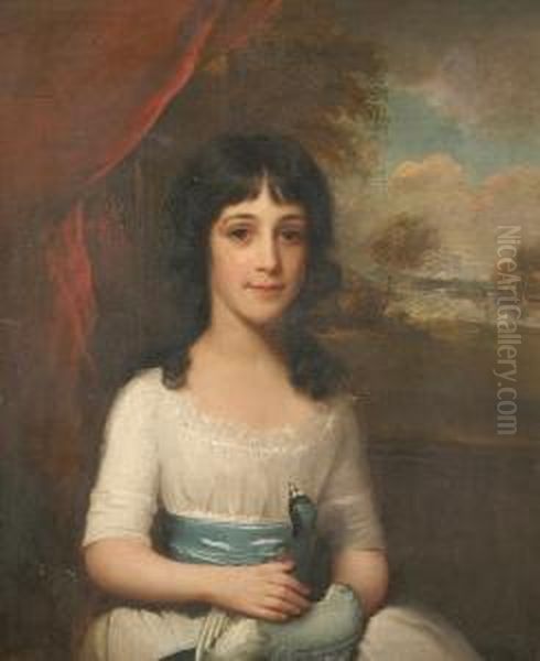 A Portrait Of A Young Girl Holding A Pigeon Oil Painting by Lemuel Francis Abbott