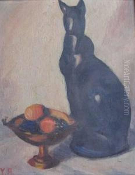 Cat By A Bowl Of Fruit Oil Painting by Yarnall Abbott