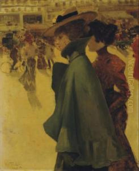 Two Ladies Strolling Through A Parisian Square Oil Painting by Louis Abel-Truchet