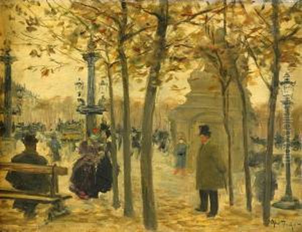 Parisiskt Parkmotiv Med Figurer. Oil Painting by Louis Abel-Truchet