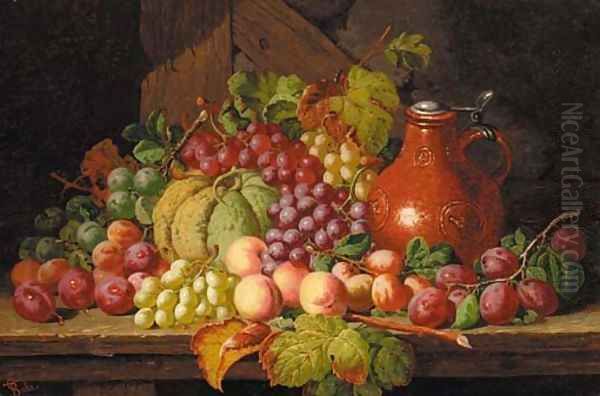 Grapes, peaches, plums, a gourd and a bellarmine, on a wooden ledge Oil Painting by Charles Thomas Bale