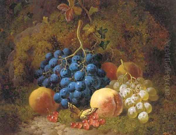 Grapes, peaches, redcurrants, and a butterfly, on a mossy bank Oil Painting by Charles Thomas Bale