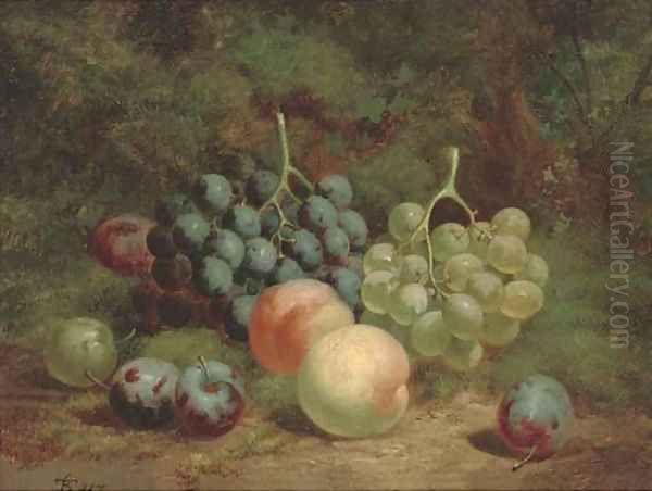 Peaches, grapes and plums on a mossy bank Oil Painting by Charles Thomas Bale