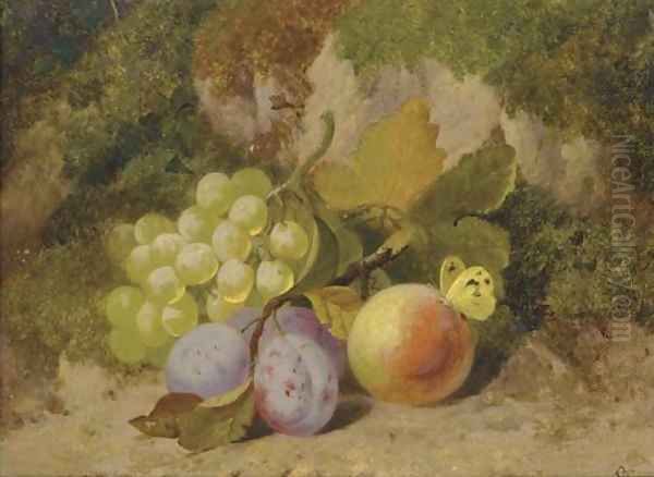 Grapes, plums, a peach and a butterfly, on a mossy bank Oil Painting by Charles Thomas Bale